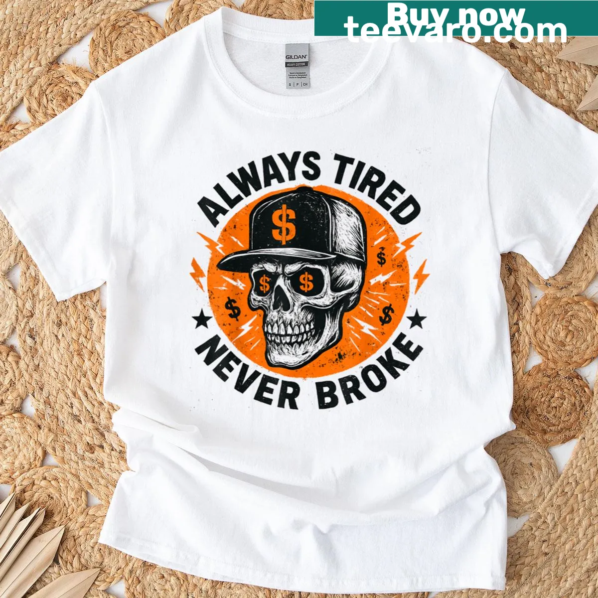 Skull skeleton graphic with hustler slogan T-shirt — on a men's t-shirt