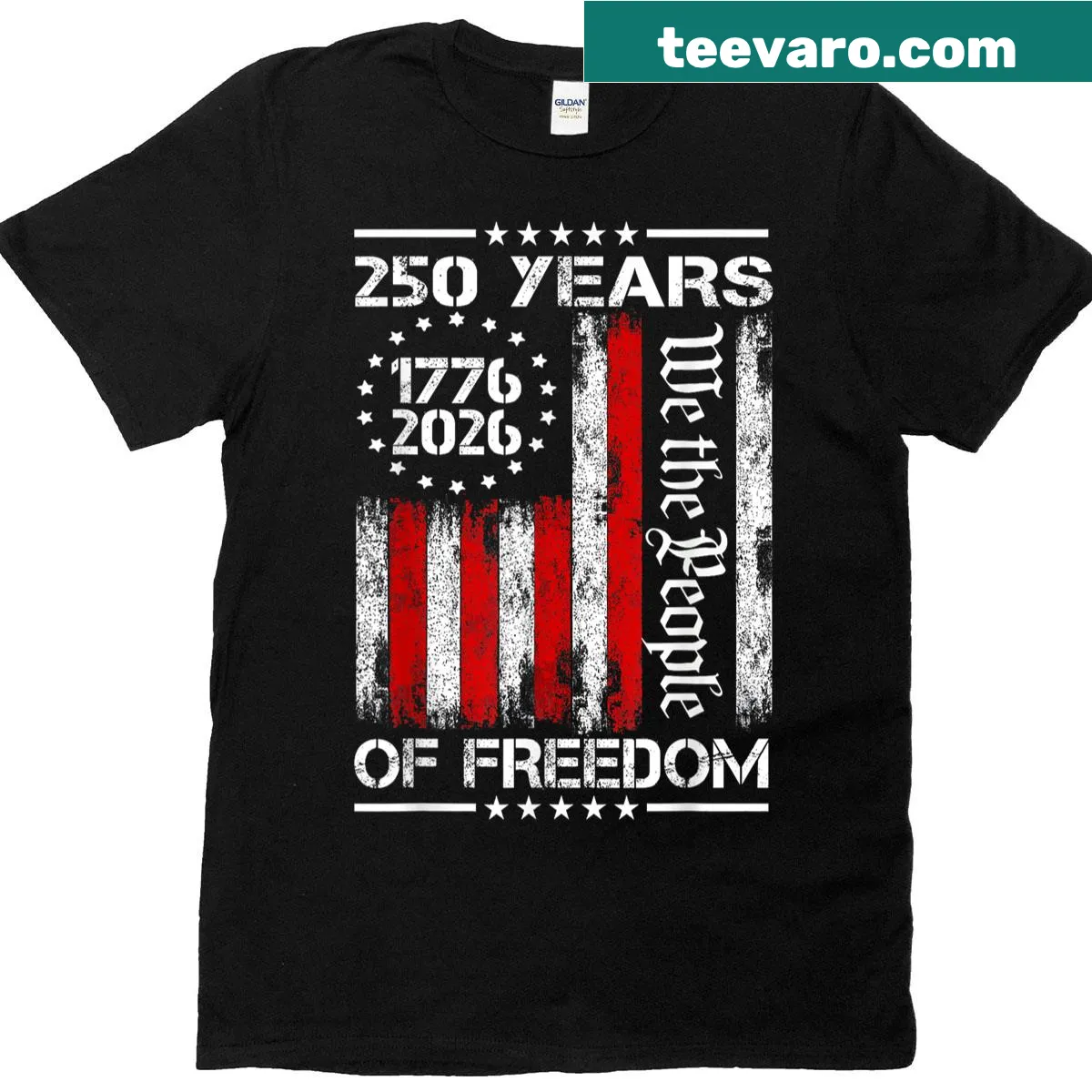 America 250th Birthday t-shirt featuring US flag — on a men's t-shirt