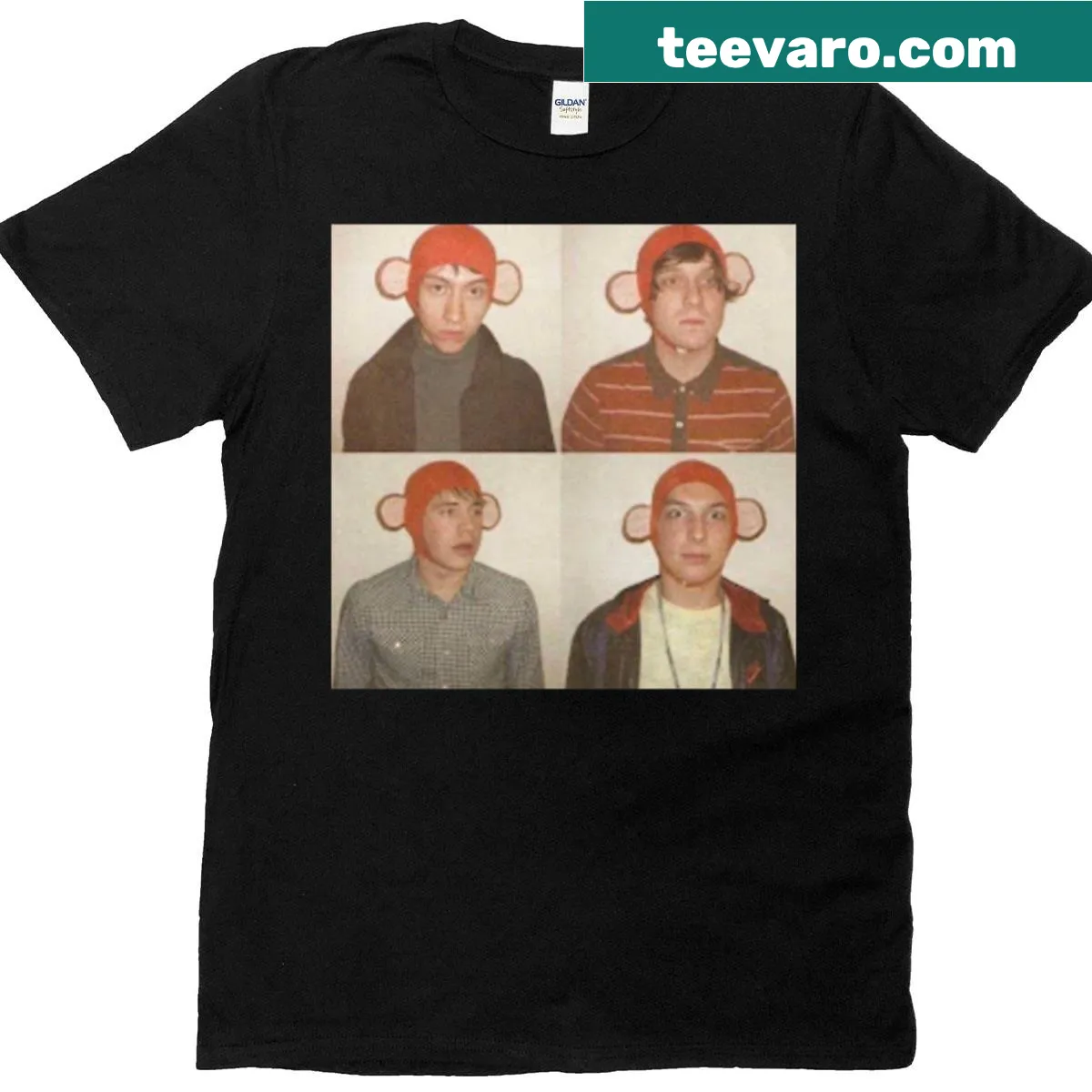 Cartoon monkeys representing the Arctic Monkeys on a T-shirt — on a men's t-shirt
