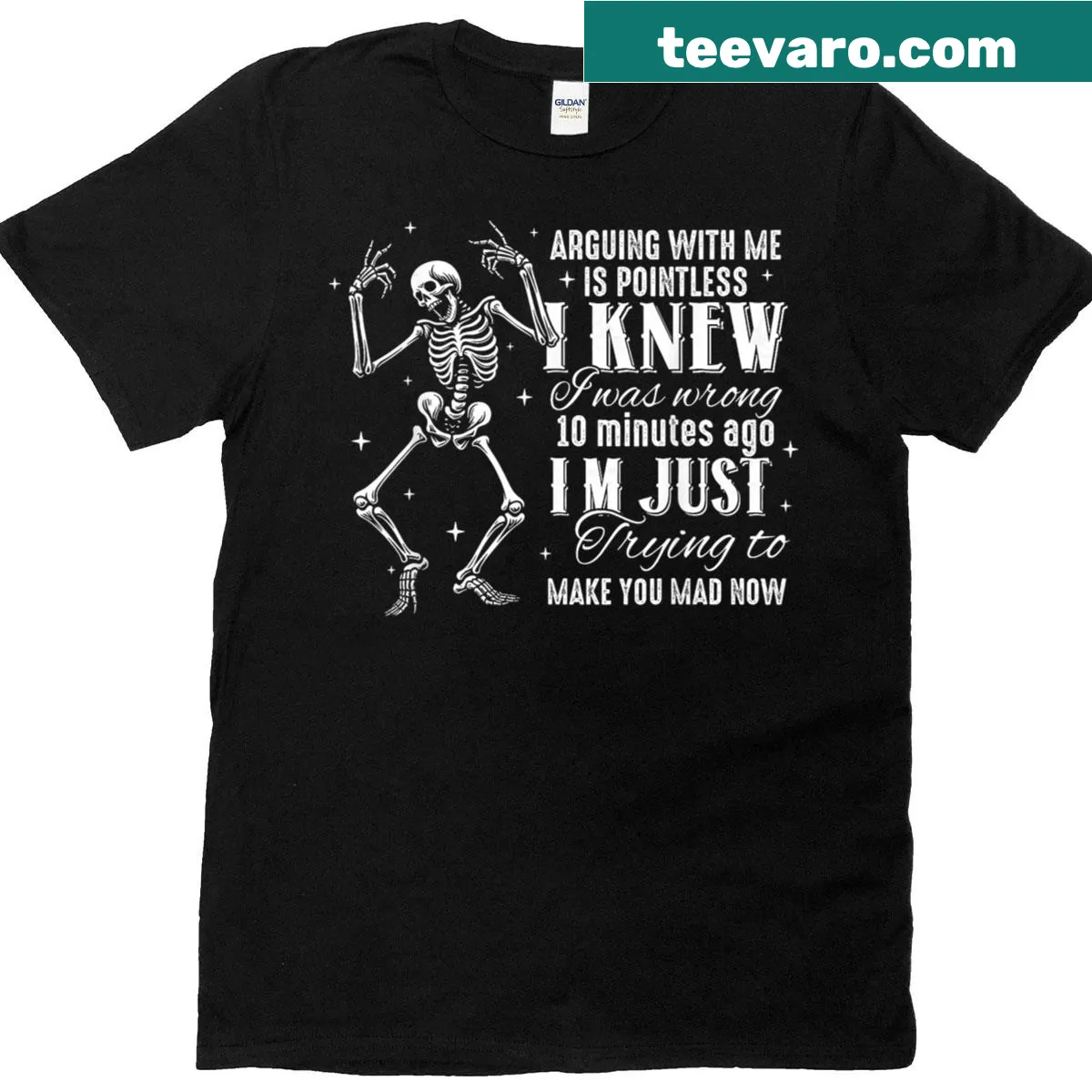 Skull graphic T-shirt with humorous text about arguing — on a men's t-shirt