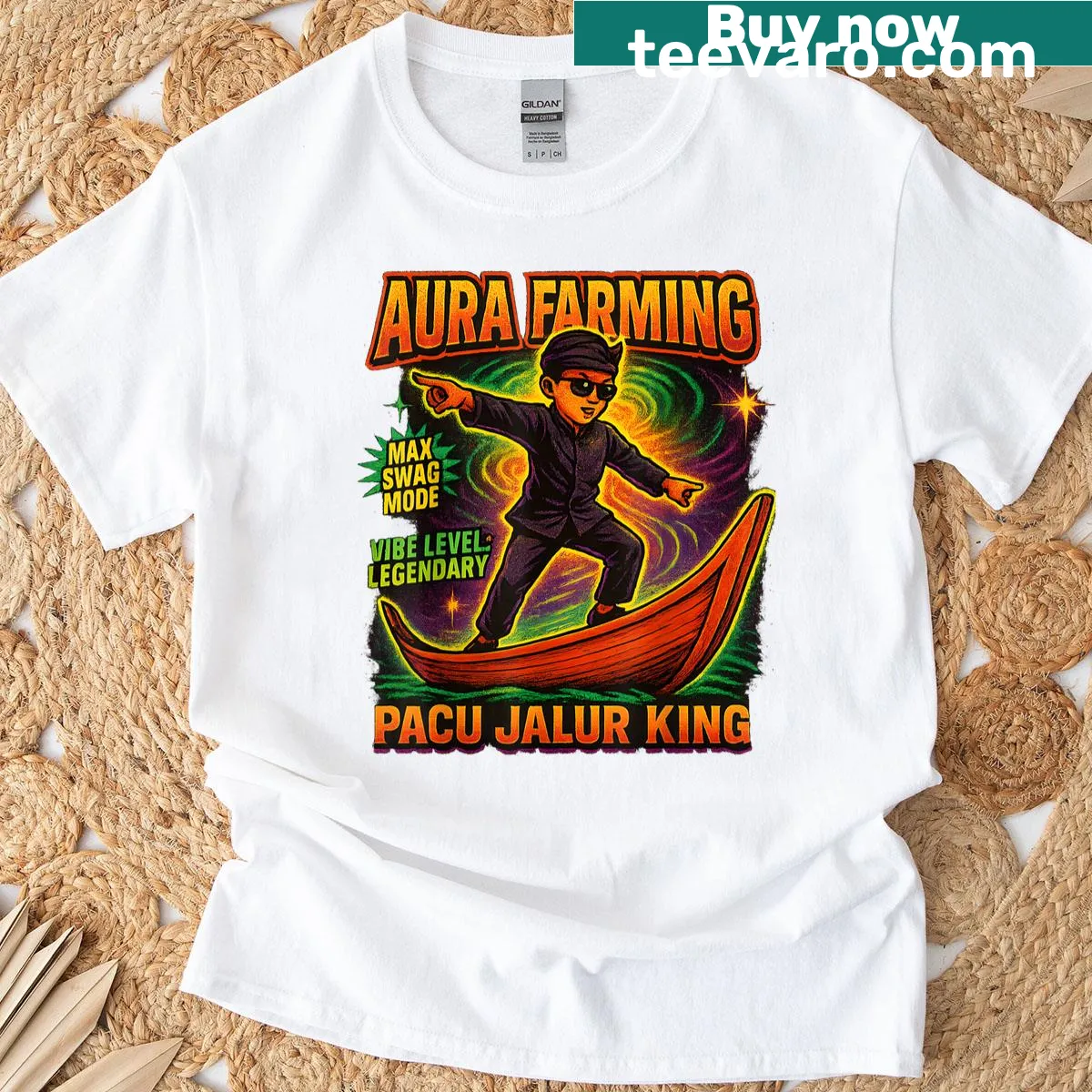 Illustrative T-shirt featuring Indonesian boat racing and pacu jalur theme — on a men's t-shirt