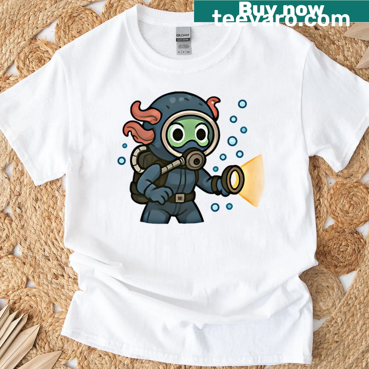 Cute axolotl diving illustration T-shirt — on a men's t-shirt