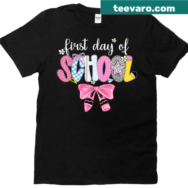 Text graphic saying 'Happy First Day Of School' for teachers and students