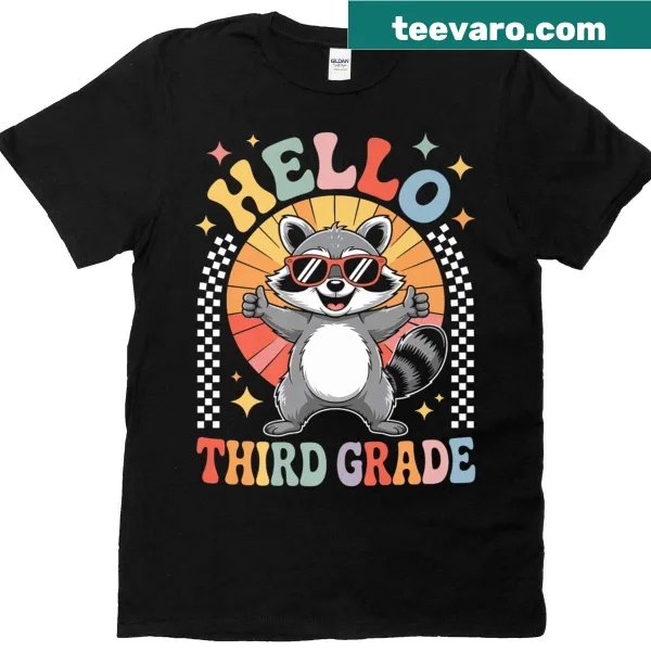 Cute raccoon graphic with 'Hello 3rd Grade' text