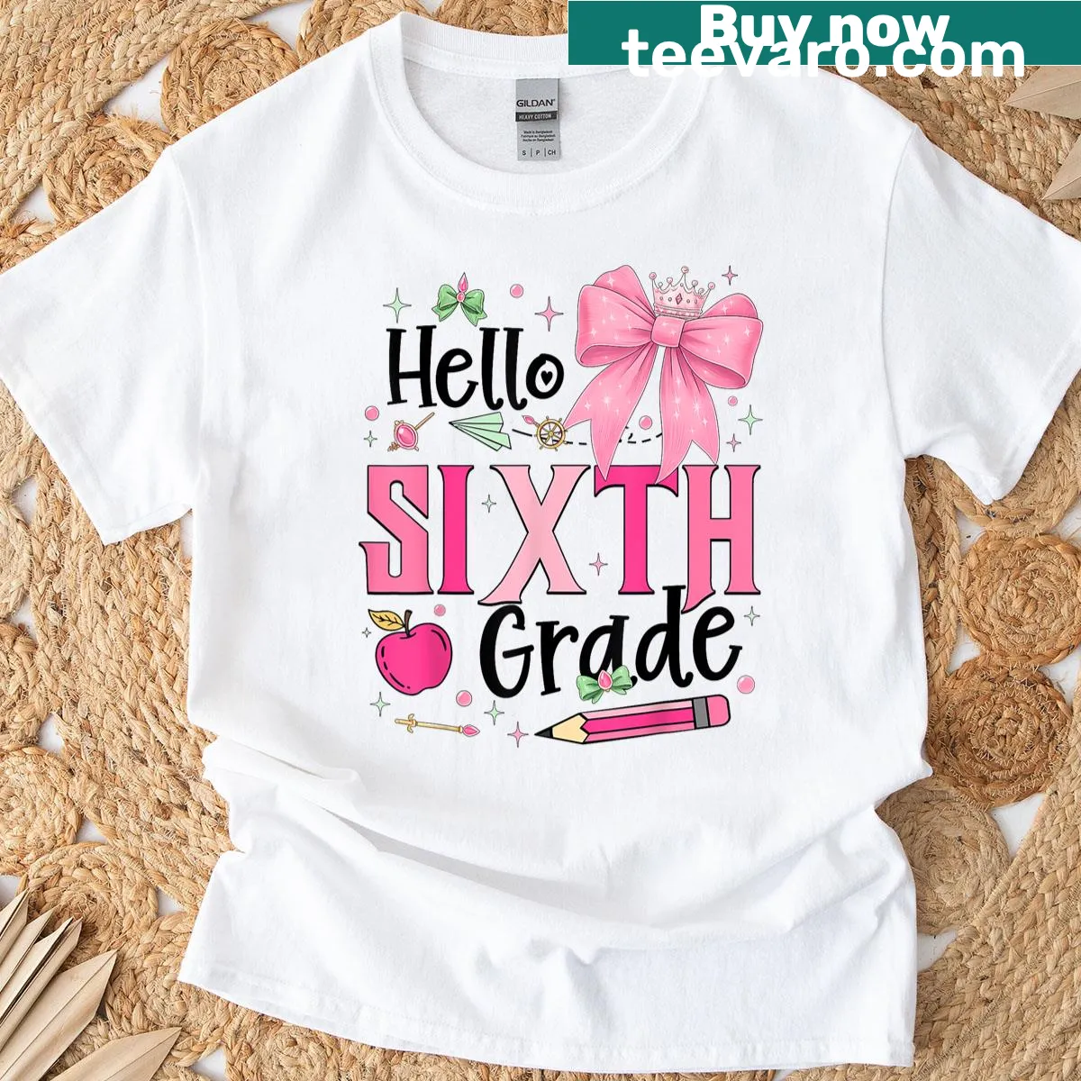 T-shirt with a cute bow and 'Hello Sixth Grade Teacher' text — on a men's t-shirt
