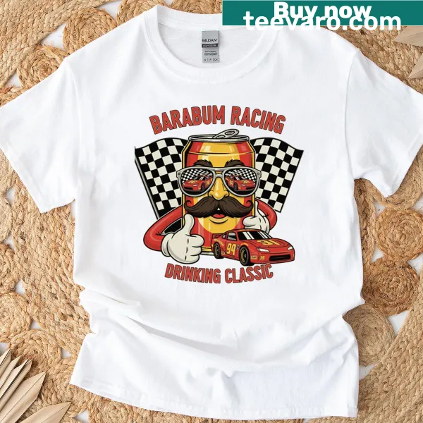 Cartoon beer can racing graphic on t-shirt