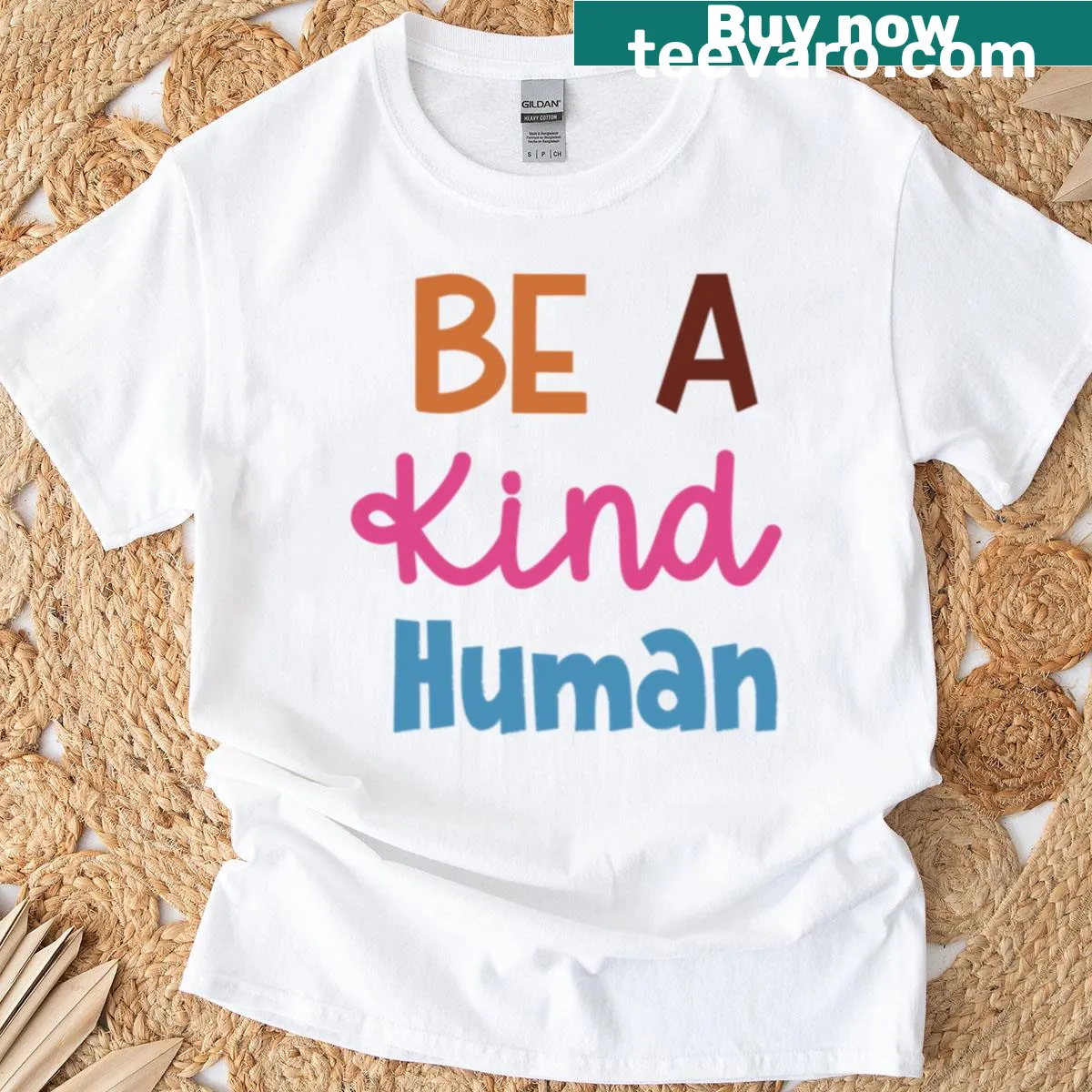 Text-only shirt with the phrase 'Be A Kind Human' in a bold font — on a men's t-shirt