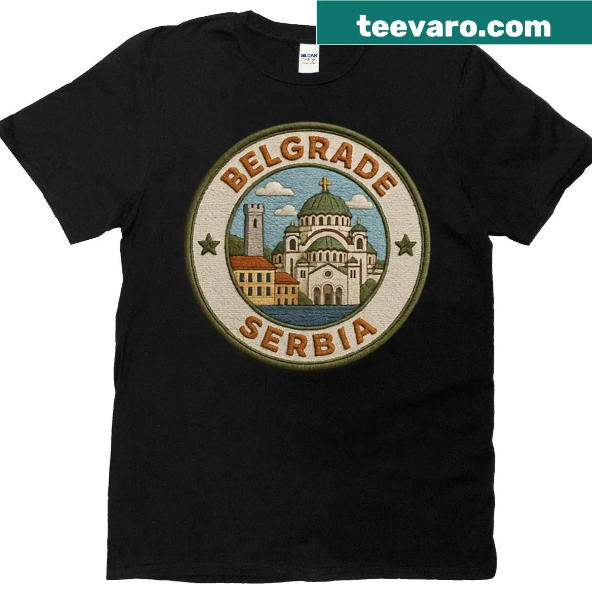 Silhouette of Belgrade skyline featuring Saint Sava Temple — on a men's t-shirt