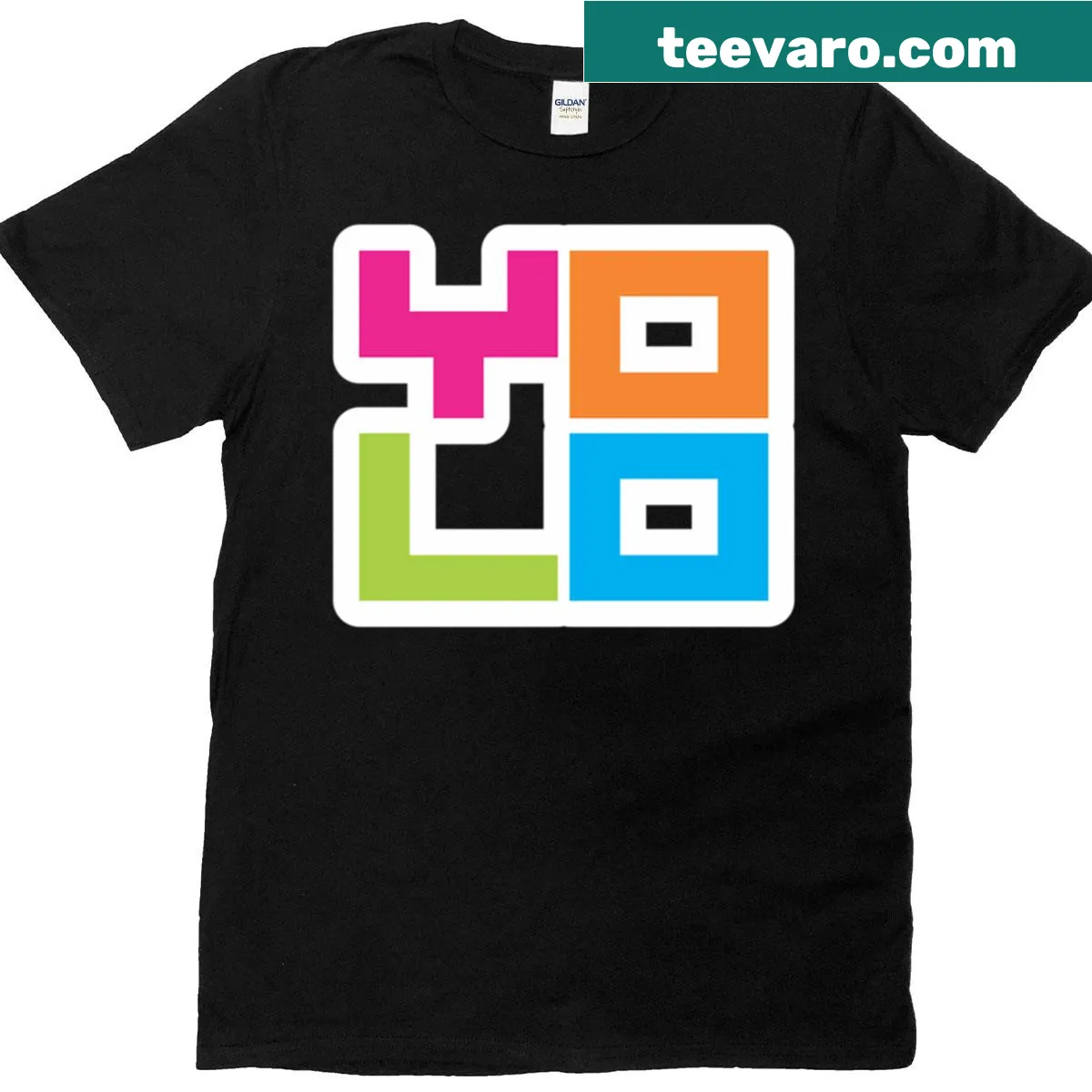 YOLO phrase in retro blocks design on a playful T-shirt — on a men's t-shirt
