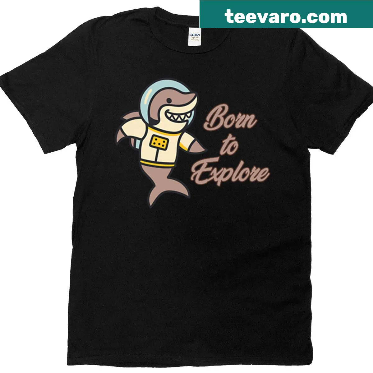 Cartoon shark in a space suit with 'Born To Explore' text — on a men's t-shirt