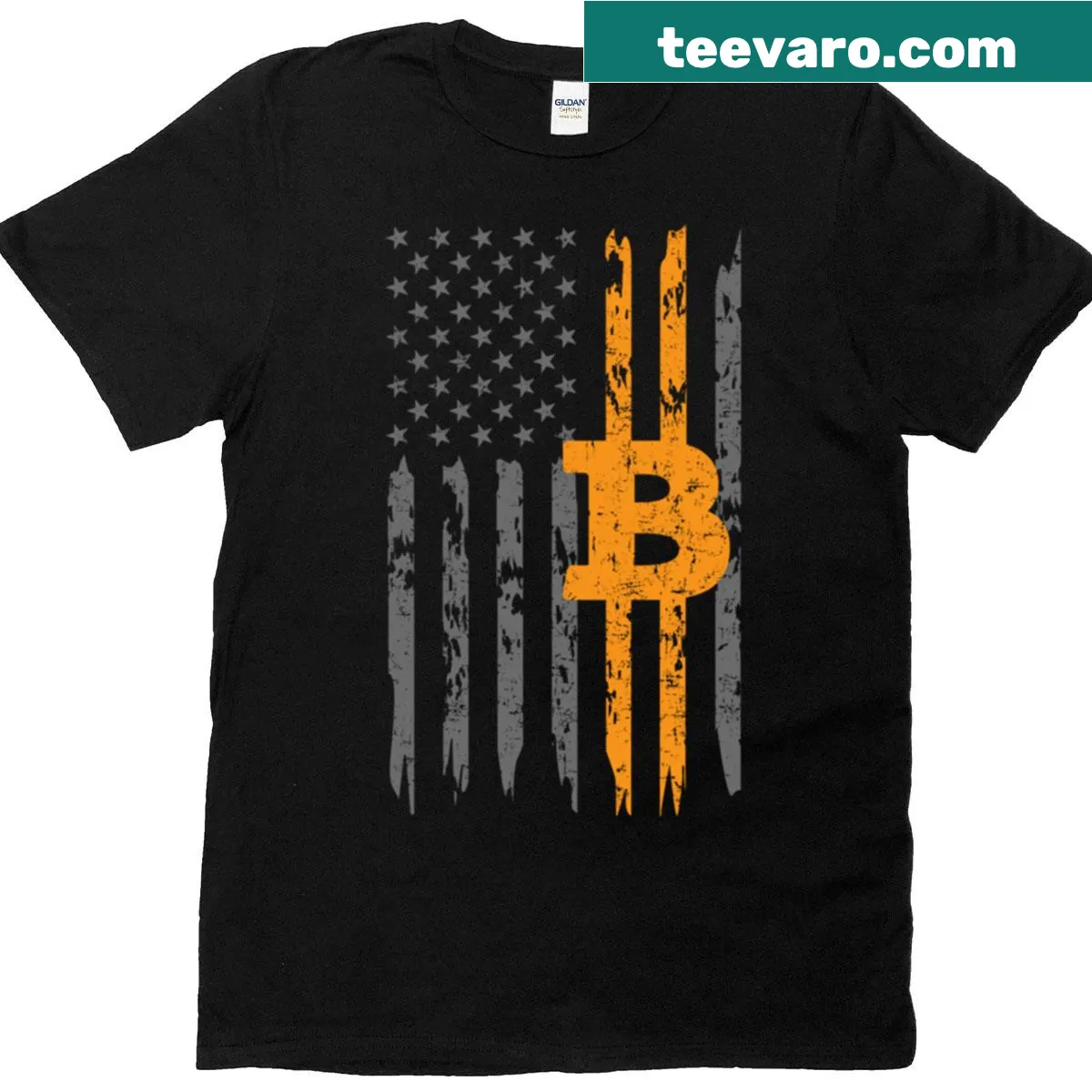 Vintage style Bitcoin symbol and American flag graphic for crypto lovers — on a men's t-shirt