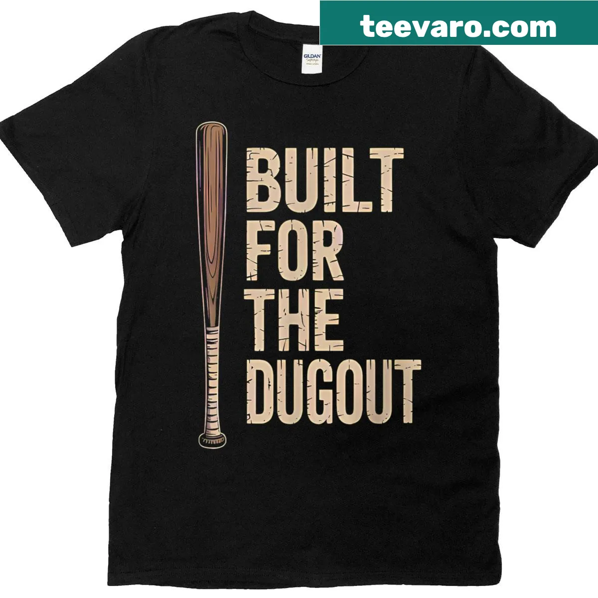 Illustrative T-shirt with a baseball bat and dugout theme — on a men's t-shirt
