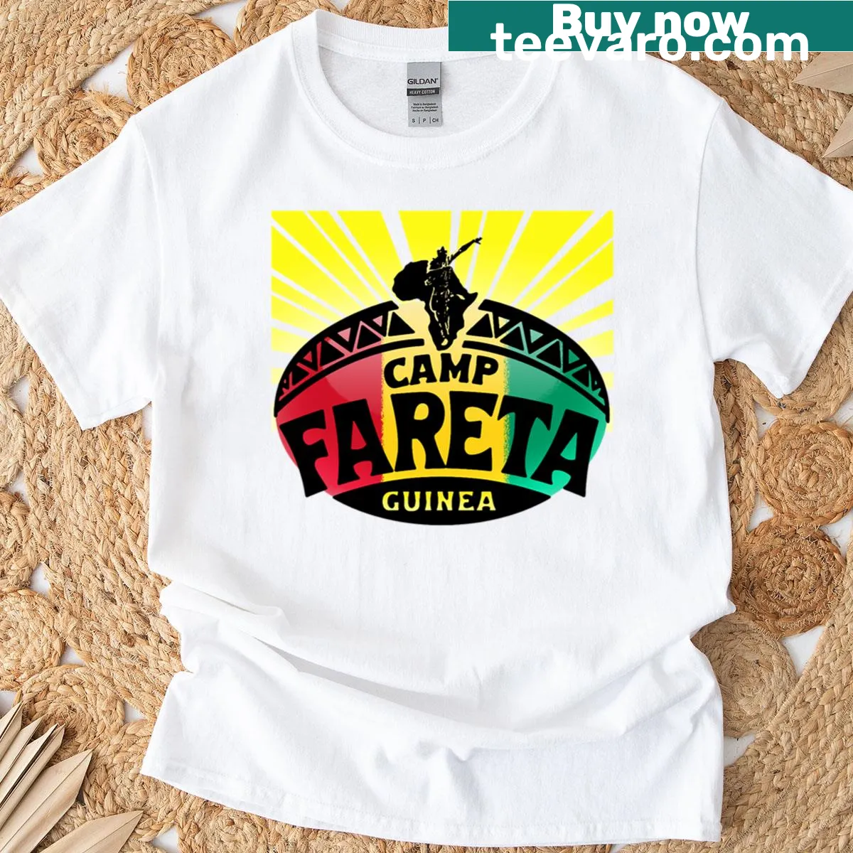 Camp Fareta Guinea T-shirt featuring lively dance-themed illustrations — on a men's t-shirt