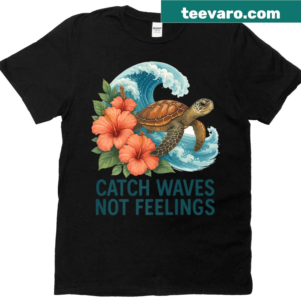Summer vacation tee with the phrase Catch Waves Not Feelings — on a men's t-shirt