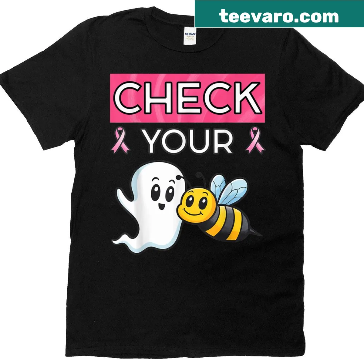 Funny breast cancer awareness t-shirt with playful text and pink ribbon — on a men's t-shirt