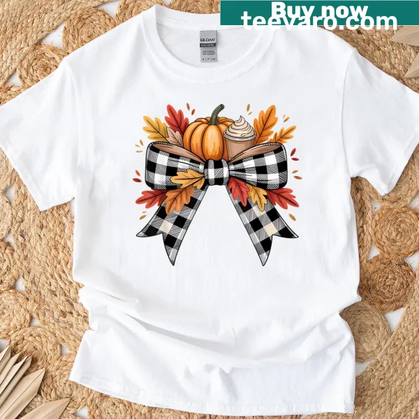 Pumpkin spice latte graphic with a checkered bow