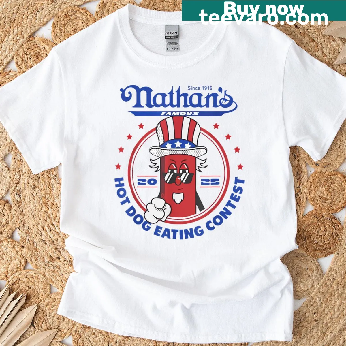 Hot dog eating contest T-shirt featuring Nathan's Famous graphic — on a men's t-shirt