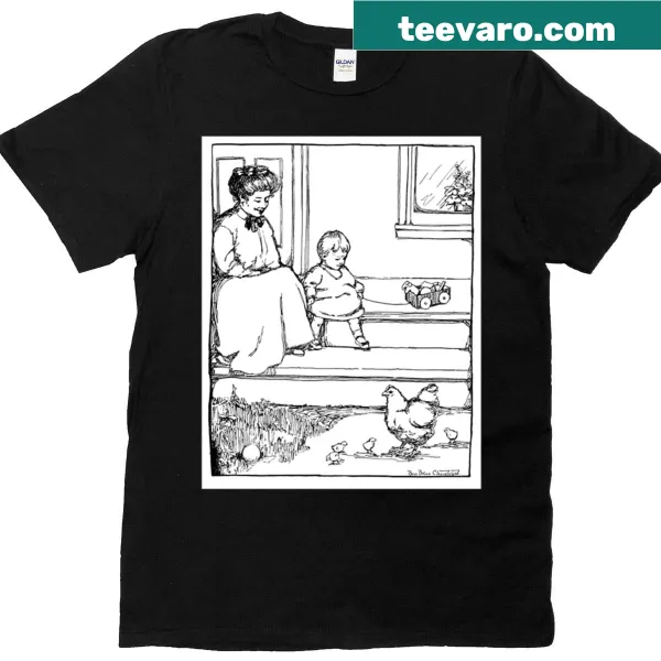 Illustration of a hen with her chicks on a t-shirt