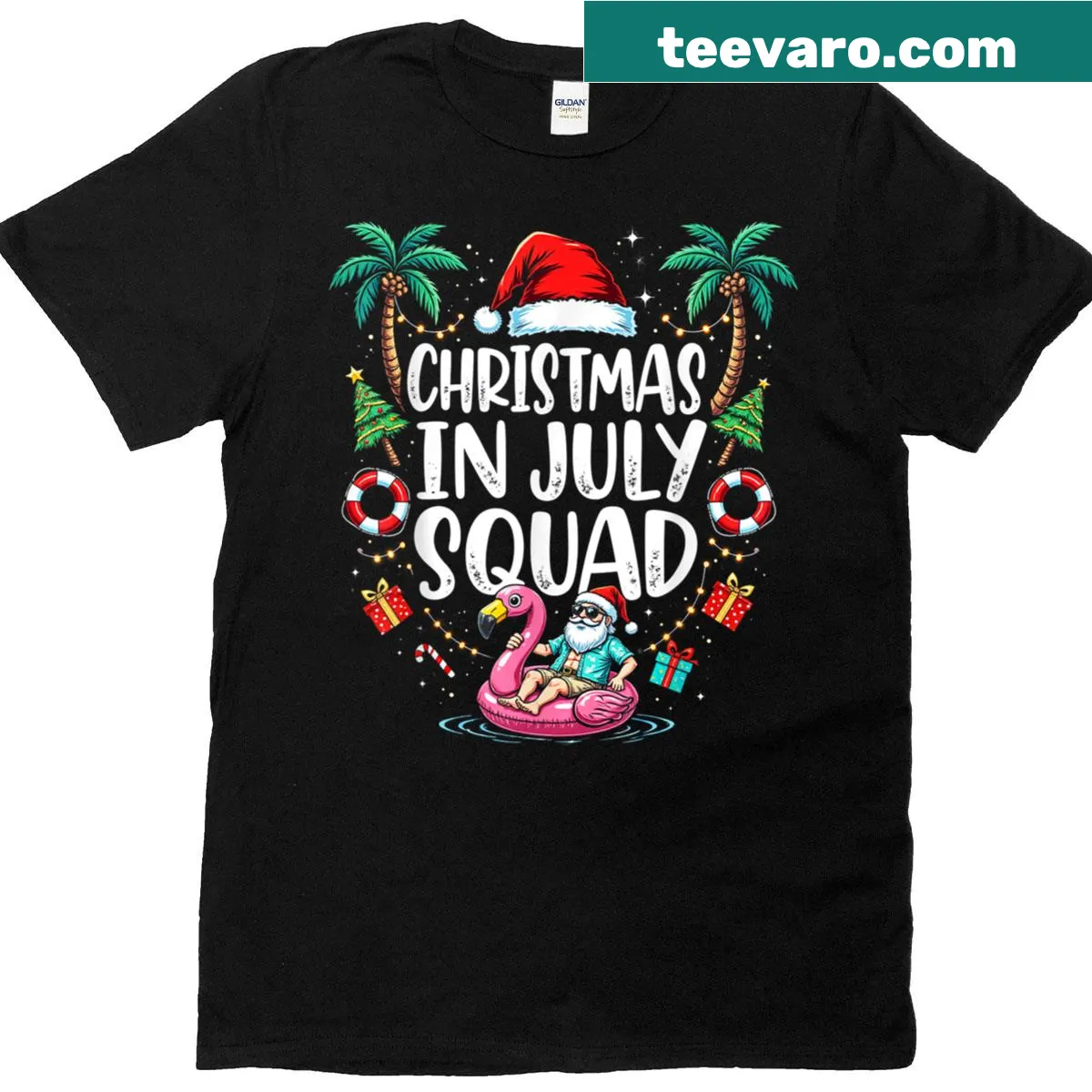 Festive T-shirt combining summer and Christmas themes for July — on a men's t-shirt