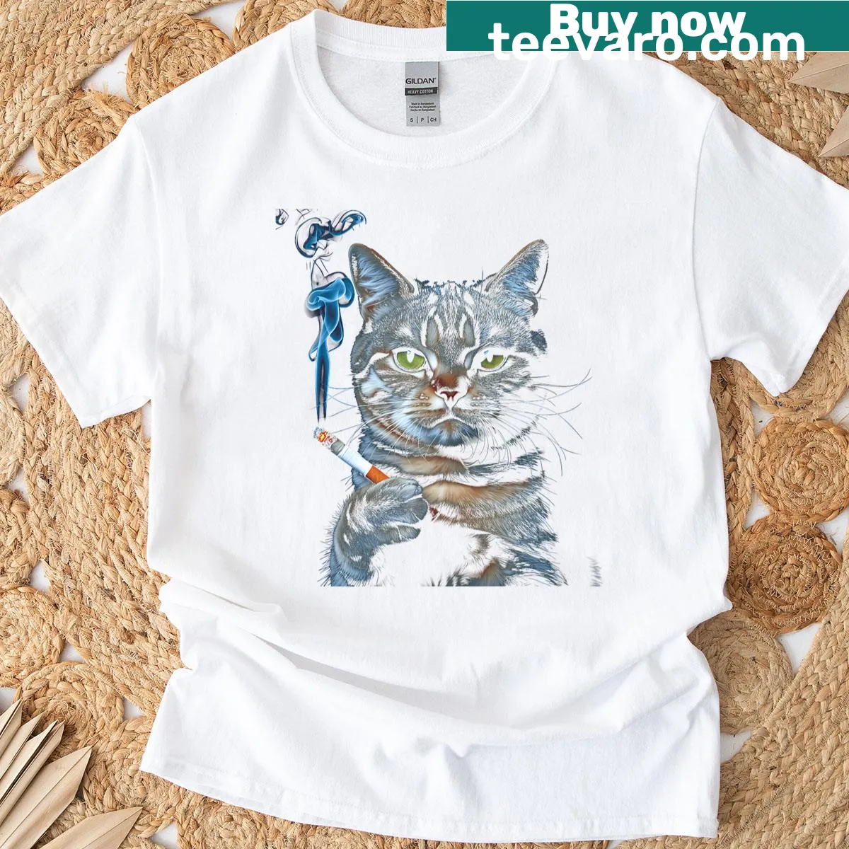Edgy cartoon cat T-shirt with a smoking kitty meme design. — on a men's t-shirt