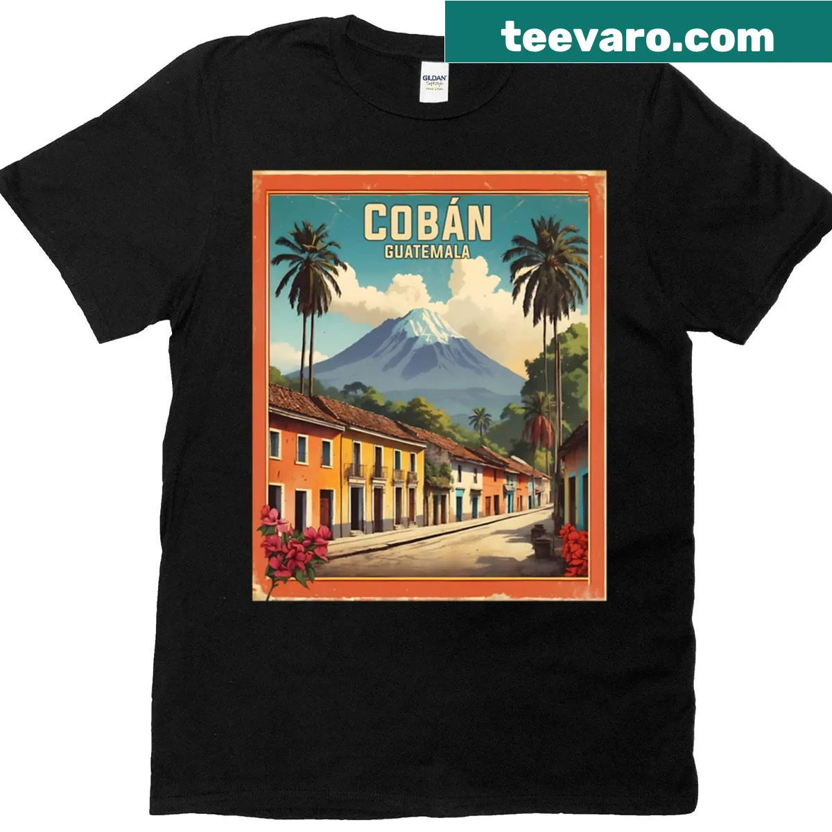 Vintage-styled T-shirt showcasing Coban Guatemala tourism poster art — on a men's t-shirt