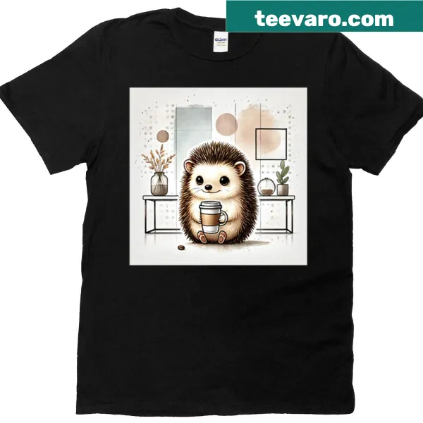 Cute hedgehog illustration enjoying coffee on a cozy t-shirt