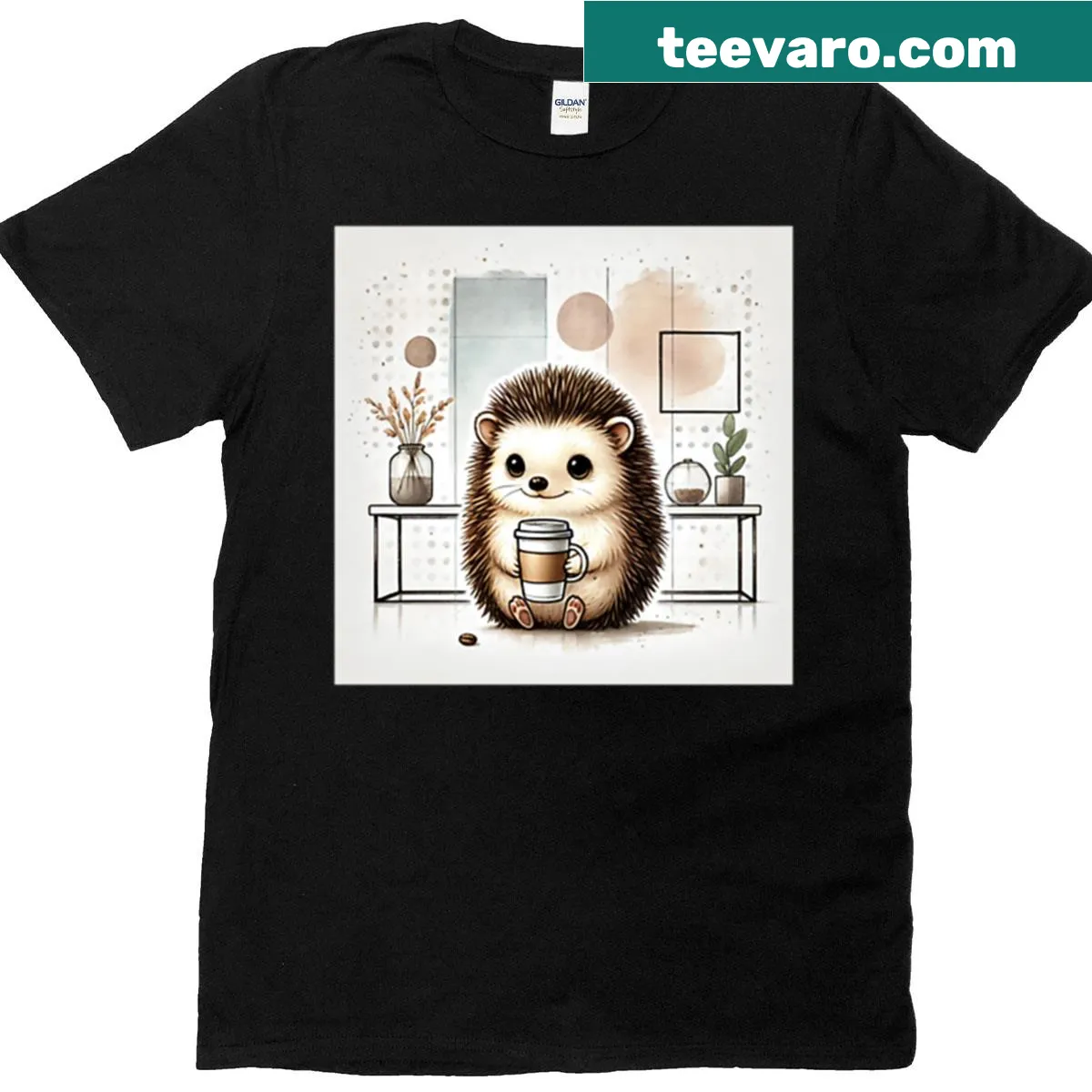 Cute hedgehog illustration enjoying coffee on a cozy t-shirt — on a men's t-shirt