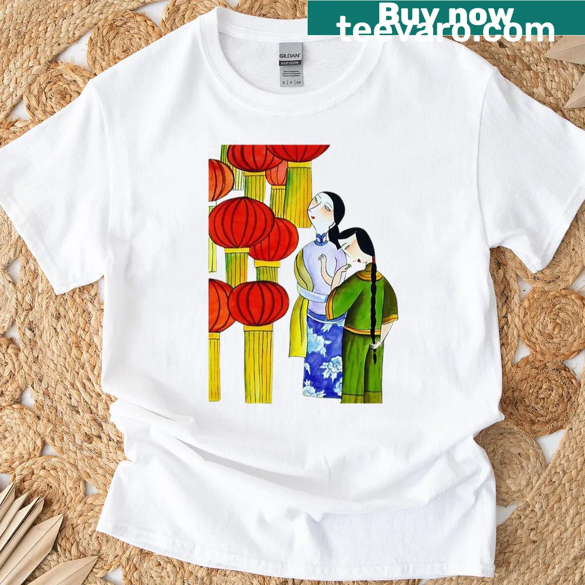 Colourful Chinese Art t-shirt featuring two figures in a cultural design — on a men's t-shirt