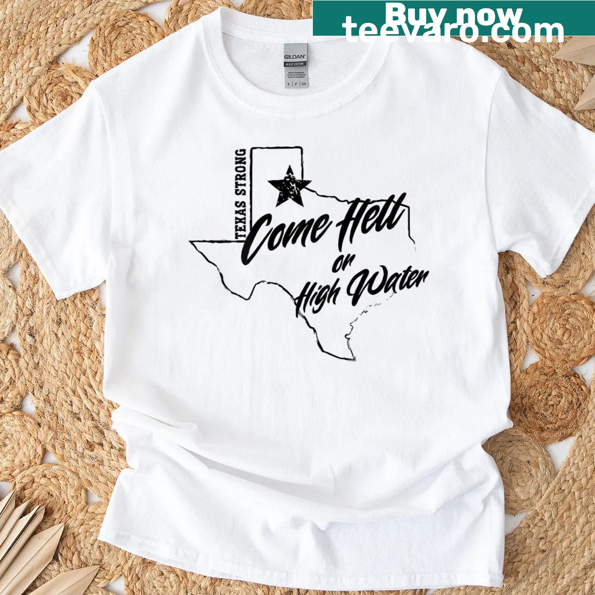 Bold typography proclaiming 'Come Hell Or High Water' on a T-shirt — on a men's t-shirt