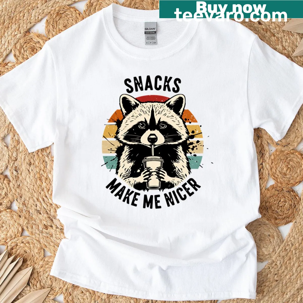 Cute raccoon sipping drink T-shirt for animal lovers — on a men's t-shirt