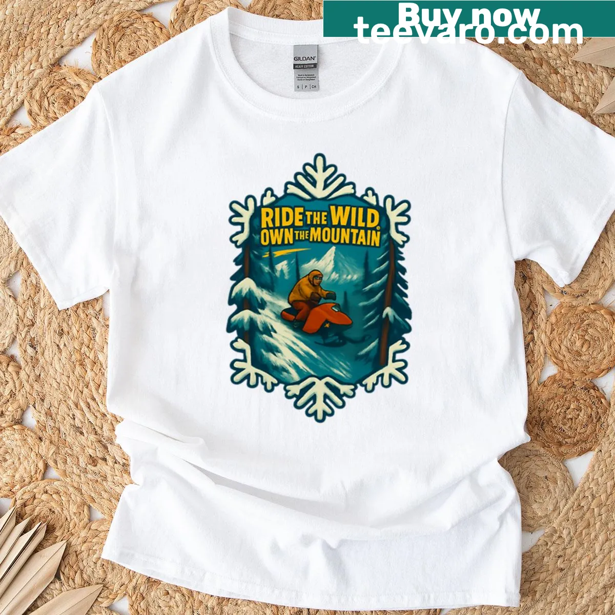 Adventure-themed snowmobile T-shirt with bold text — on a men's t-shirt