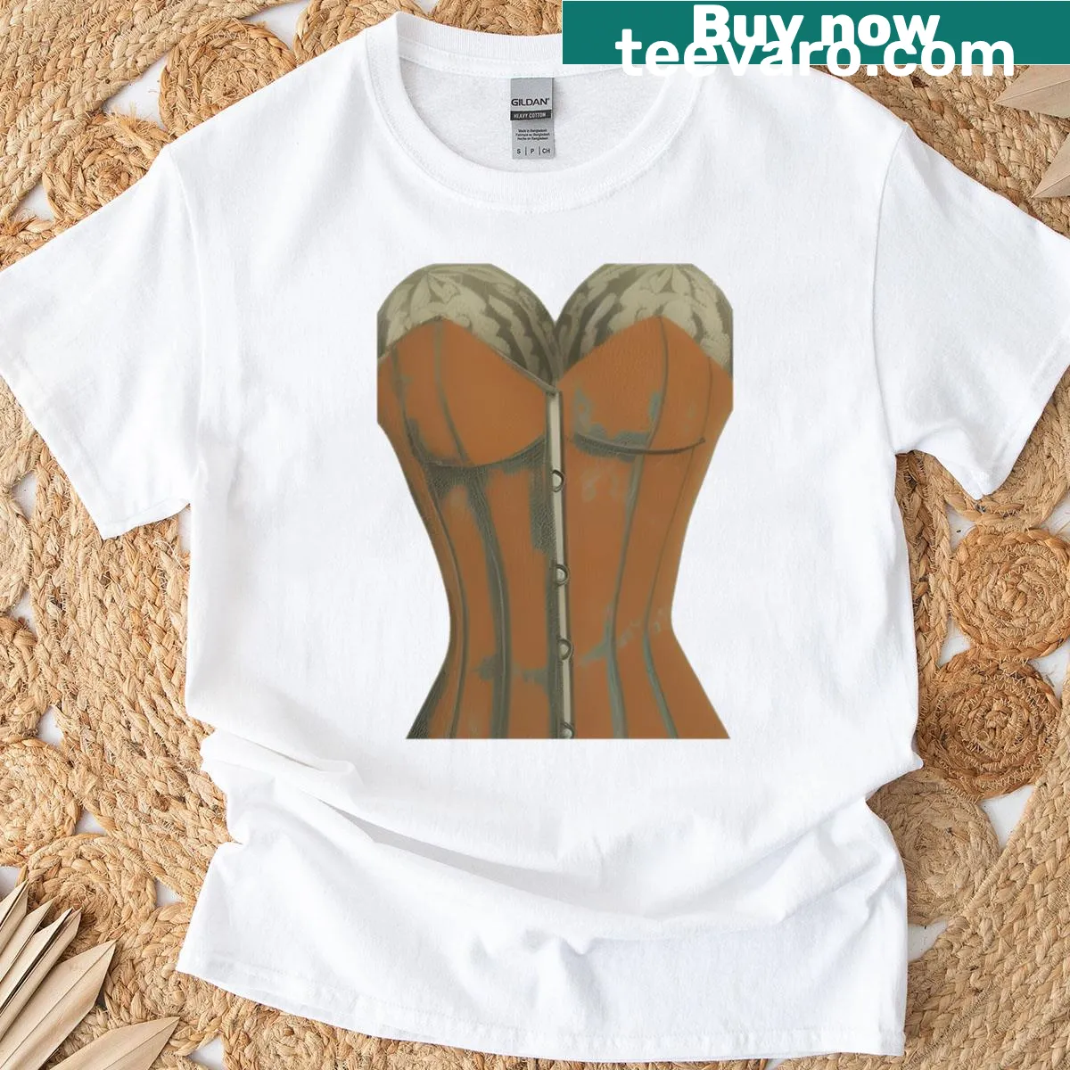 Graphic t-shirt featuring a corset and melons in a playful design — on a men's t-shirt