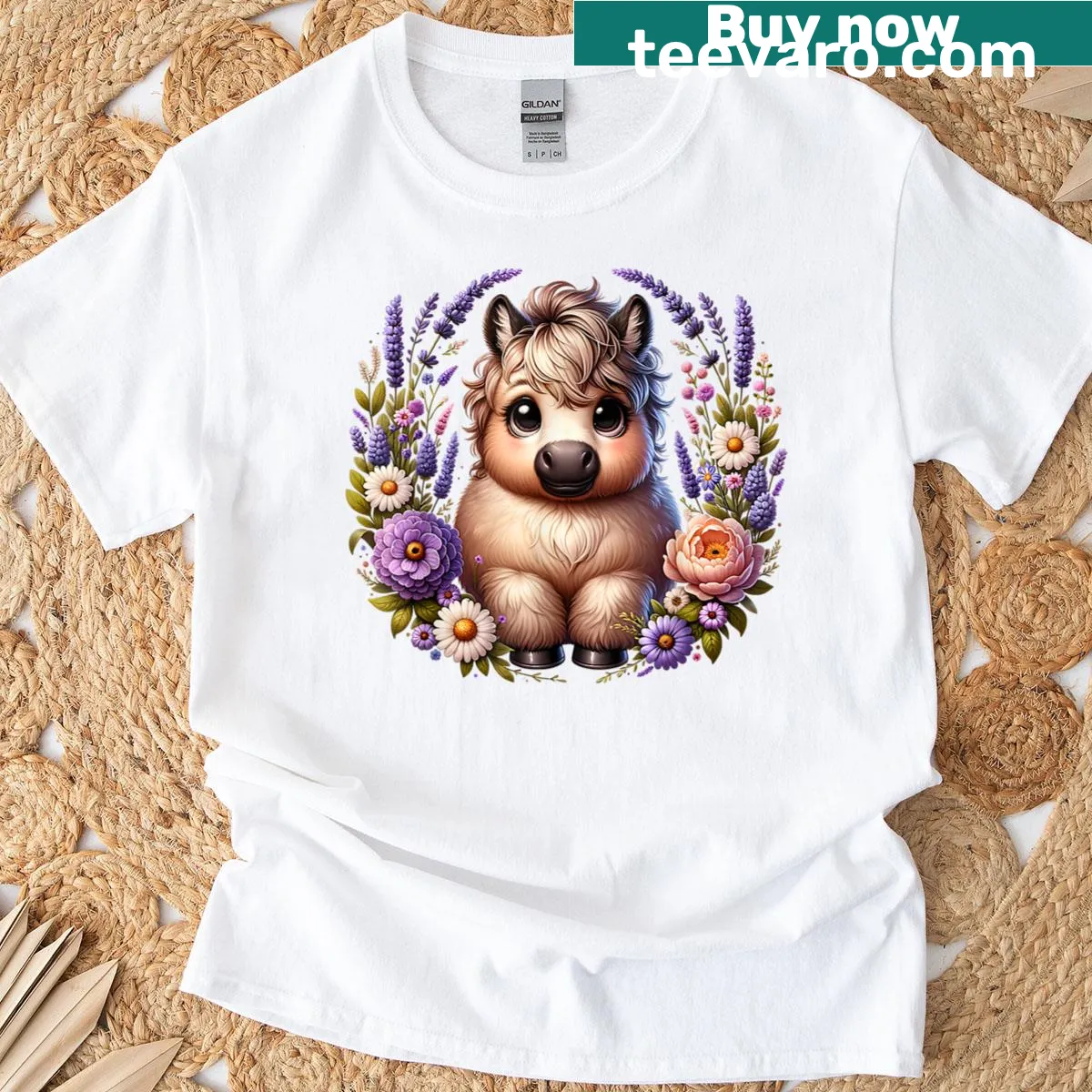 Cute baby horse with purple flowers illustration on a T-shirt. — on a men's t-shirt