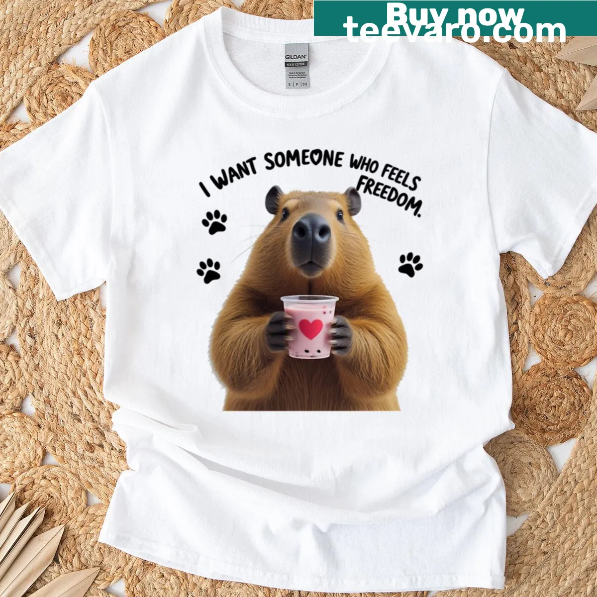 Illustration of a cute capybara drinking boba tea. — on a men's t-shirt
