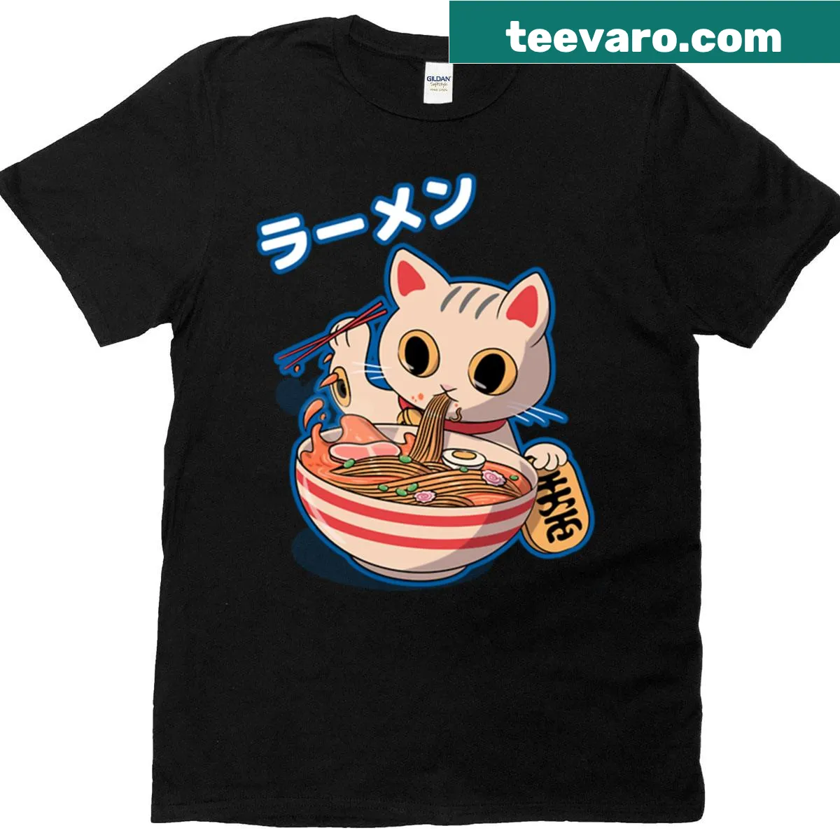 Kawaii cat eating ramen soup T-shirt design — on a men's t-shirt