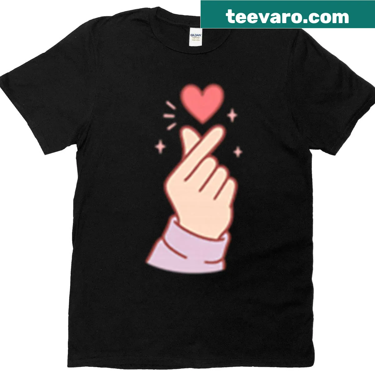 Korean finger heart graphic on a T-shirt. — on a men's t-shirt