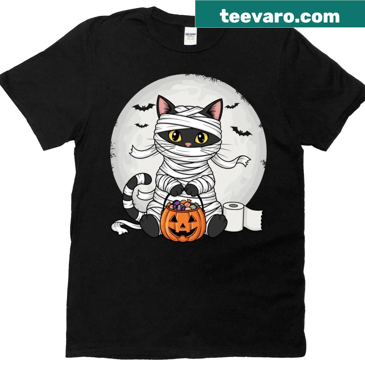 Cute black cat in mummy costume T-shirt design — on a men's t-shirt