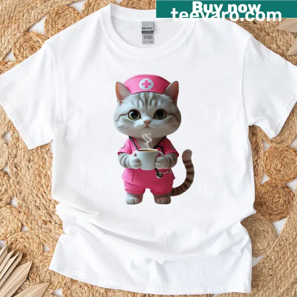 Cute cat in scrubs illustration on a T-shirt.