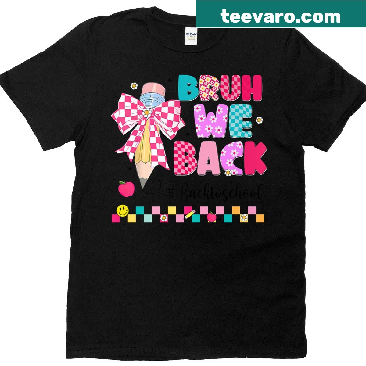 Pink bow and pencil graphic on a T-shirt for back-to-school. — on a men's t-shirt