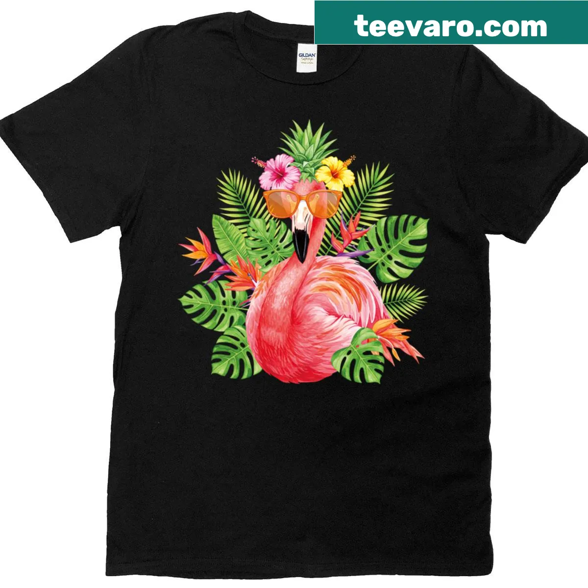 Tropical flamingo drinking coconut graphic on a T-shirt. — on a men's t-shirt