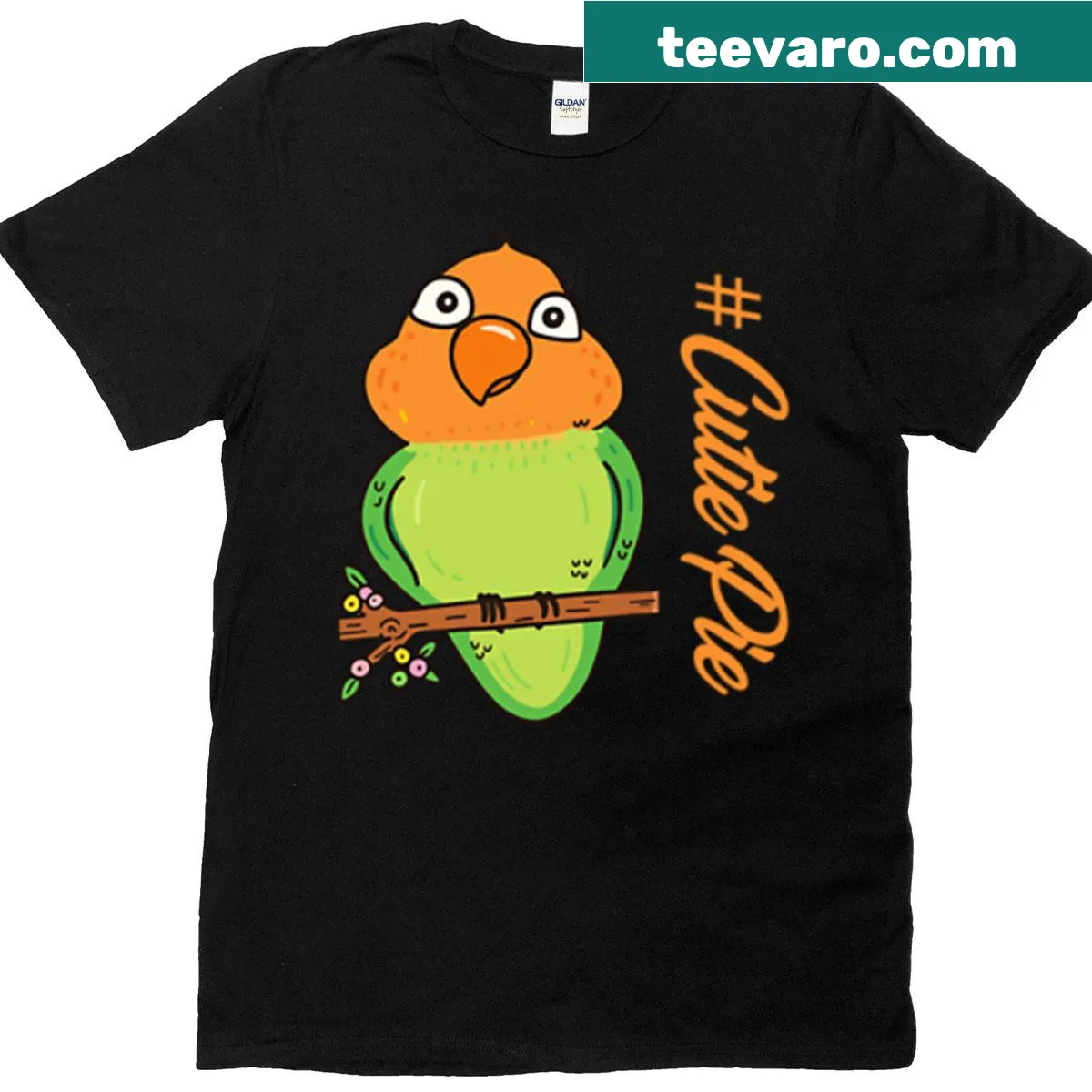 T-shirt with a cute tropical bird illustration labeled 'Cutiepie'. — on a men's t-shirt
