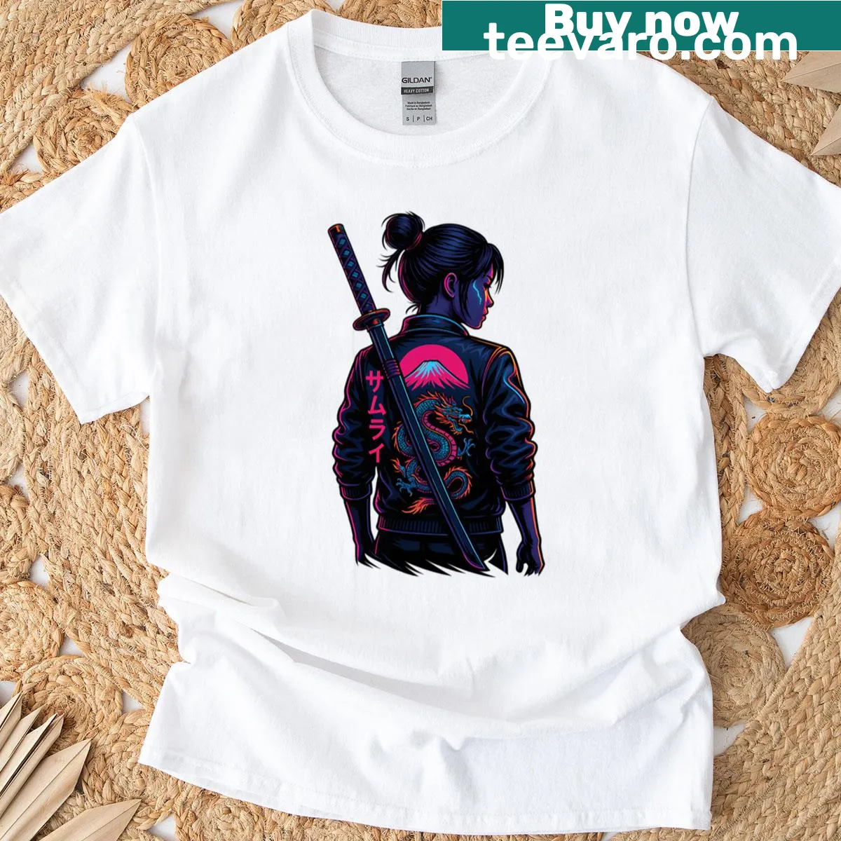 Graphic of a samurai in neon lights against a night sky on a t-shirt — on a men's t-shirt