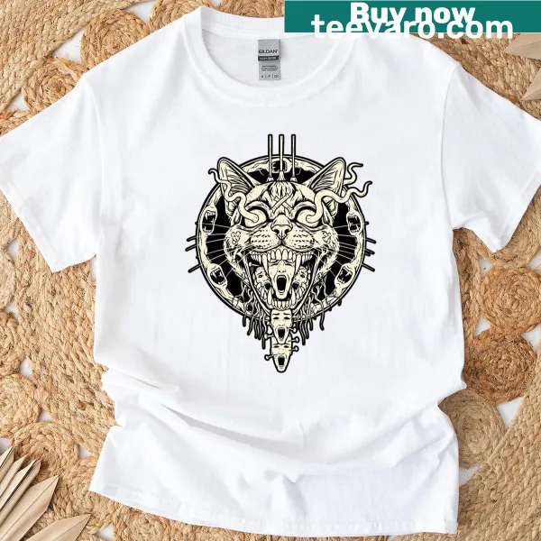 Demonic cat graphic T-shirt featuring bold illustration