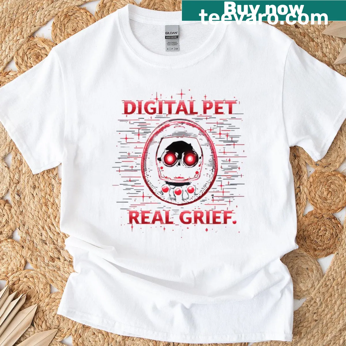 Glitch-themed T-shirt addressing digital pet grief — on a men's t-shirt