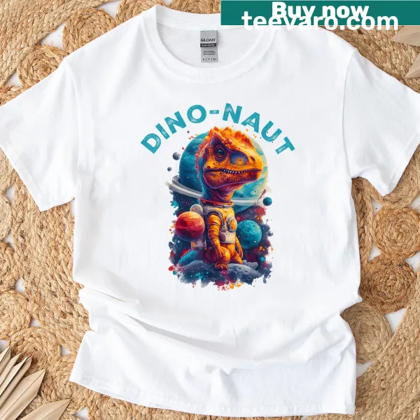 Vintage-style t-shirt featuring a dinosaur in an astronaut suit
