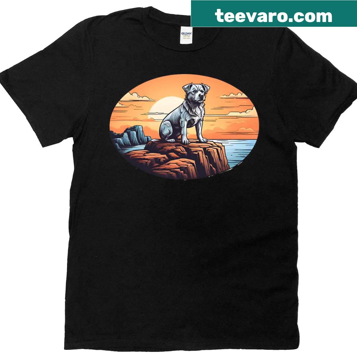 T-shirt featuring a dog standing on cliffs with a scenic background — on a men's t-shirt