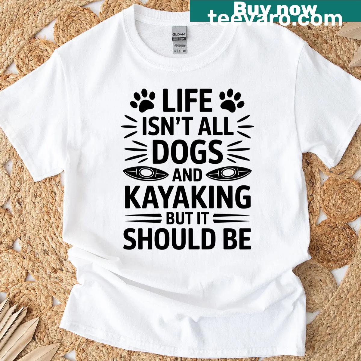 Funny kayak T-shirt with a cartoon dog paddling in a kayak — on a men's t-shirt