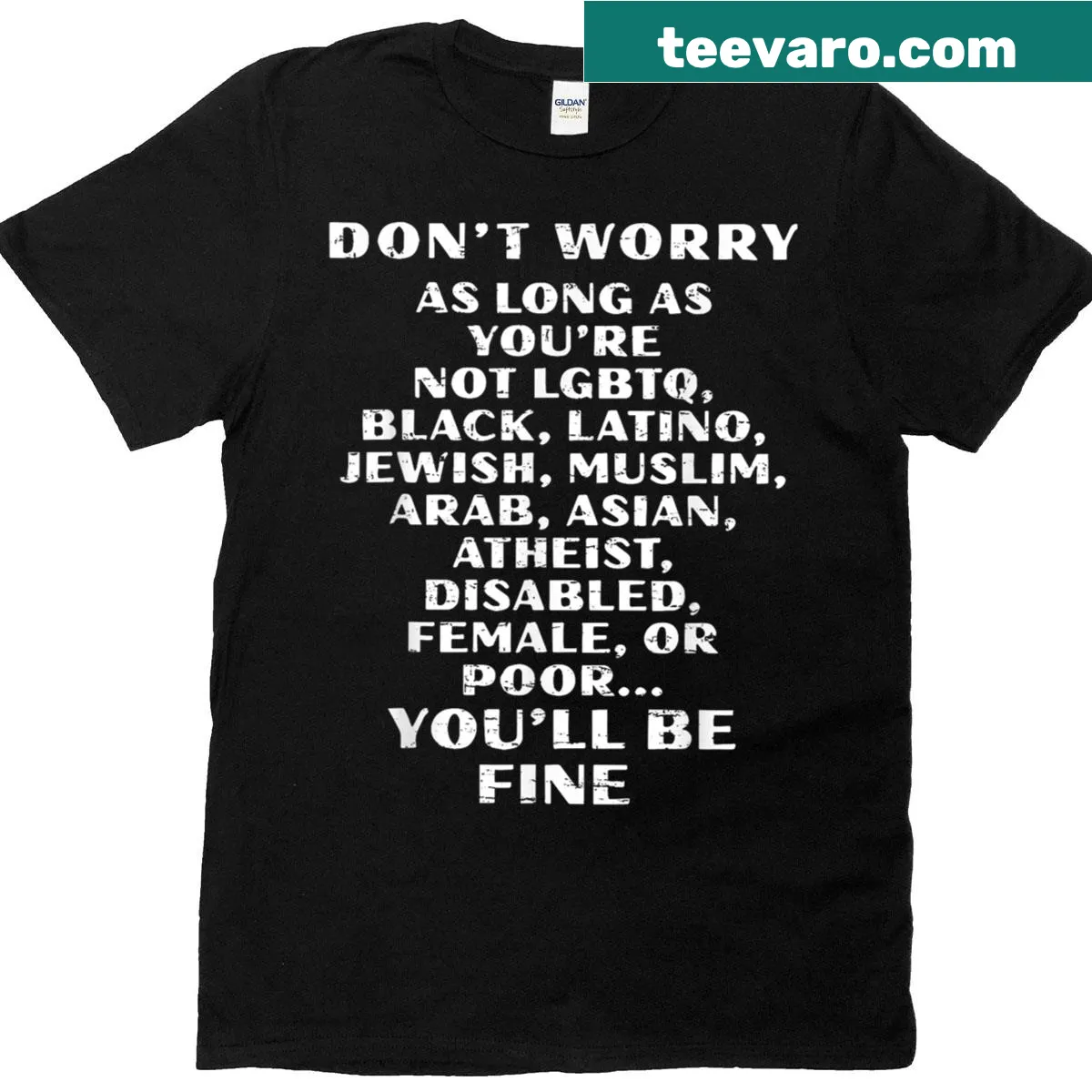Bold statement graphic on a T-shirt addressing social issues. — on a men's t-shirt