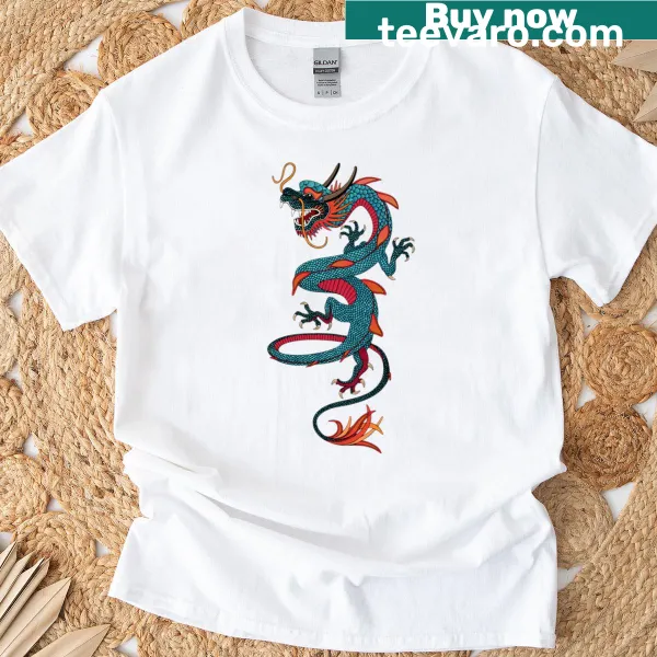 Illustration of a dragon in a tattoo style on a t-shirt