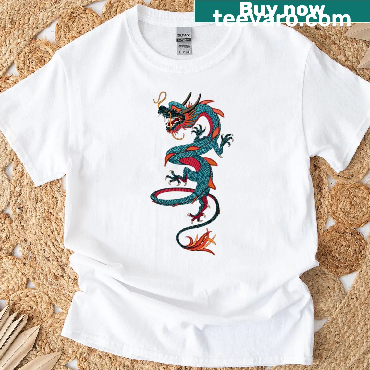 Illustration of a dragon in a tattoo style on a t-shirt — on a men's t-shirt